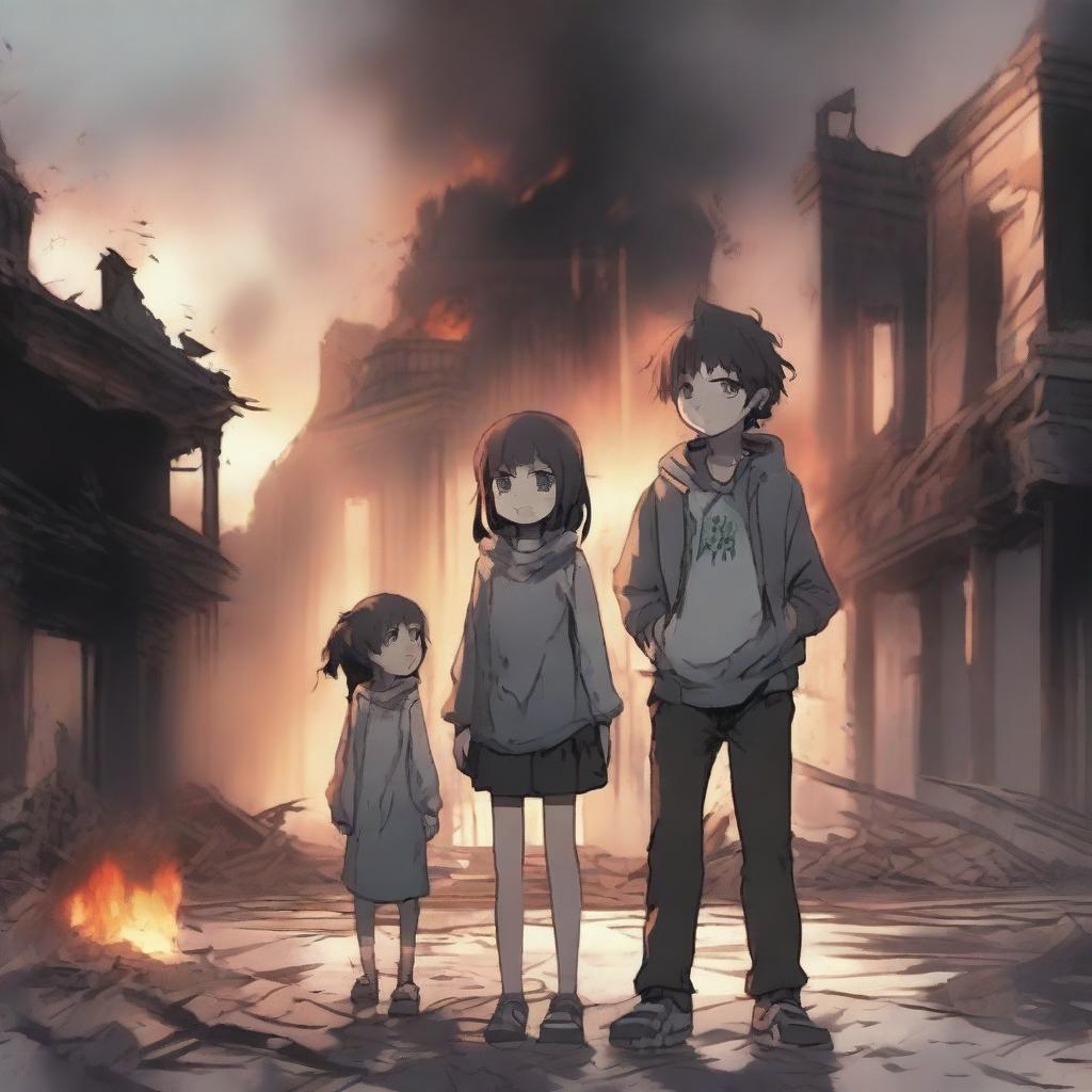 Two siblings, both crying and injured because their city is destroyed and burning