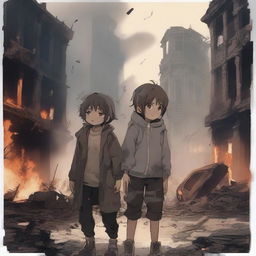 Two siblings, both crying and injured because their city is destroyed and burning