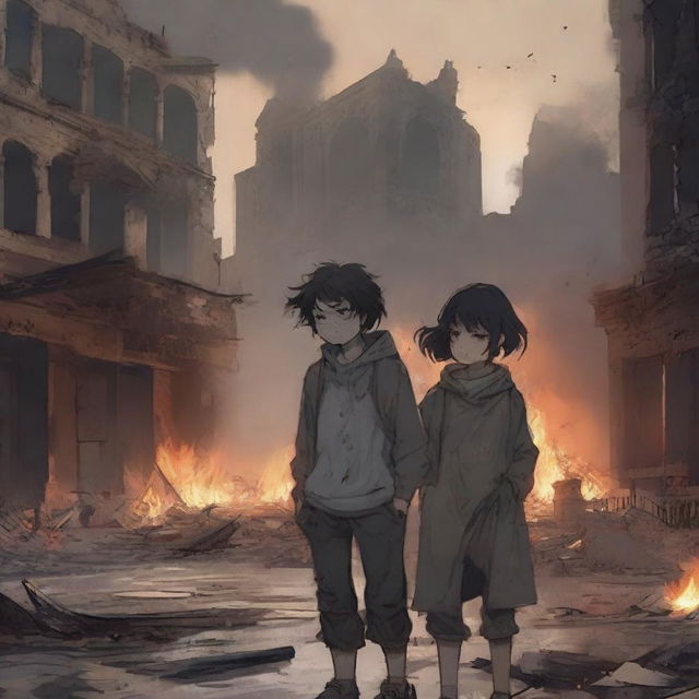 Two siblings, both crying and injured because their city is destroyed and burning