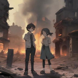 Two siblings, both crying and injured because their city is destroyed and burning