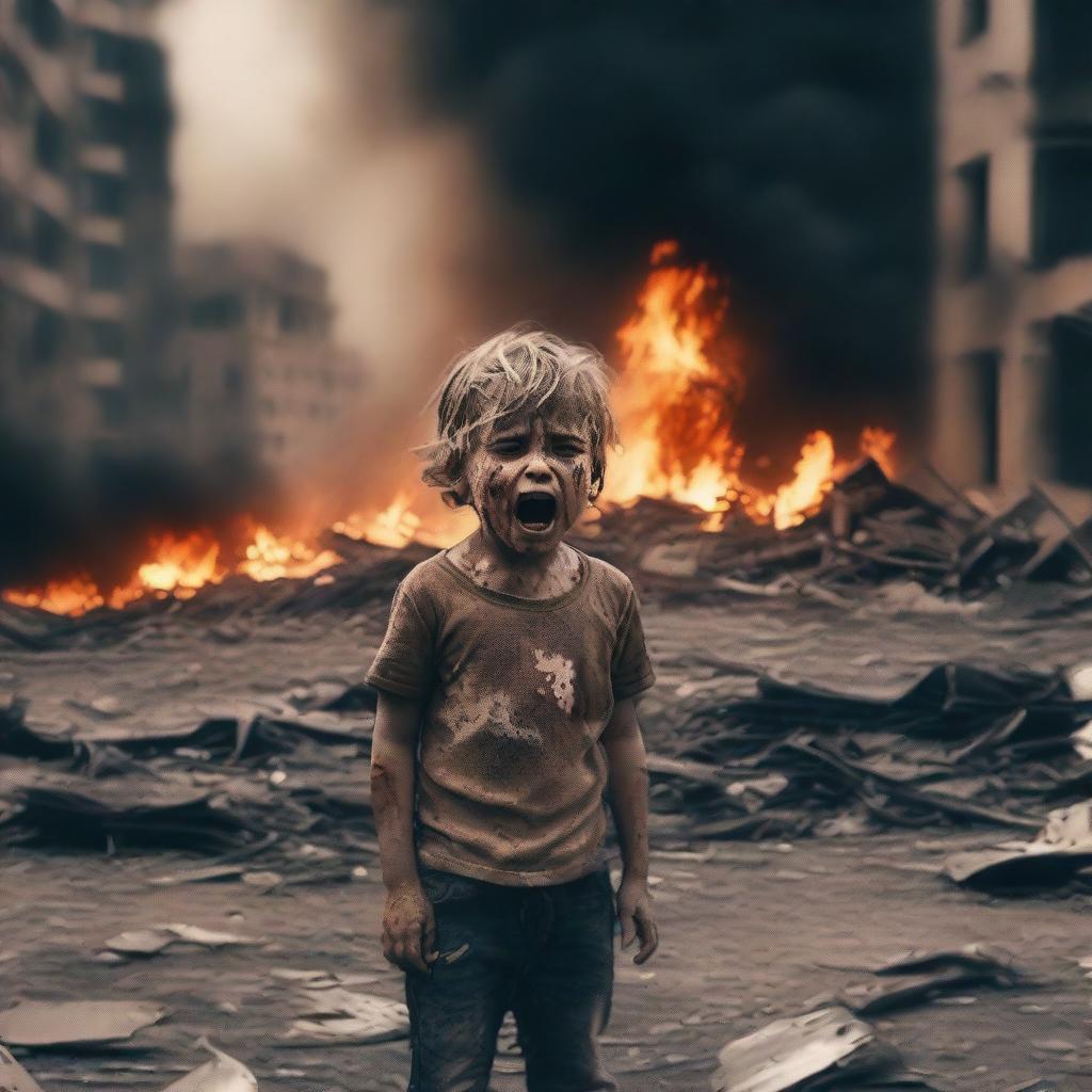 A child crying and injured because their city is destroyed and burning