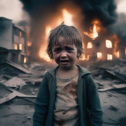 A child crying and injured because their city is destroyed and burning