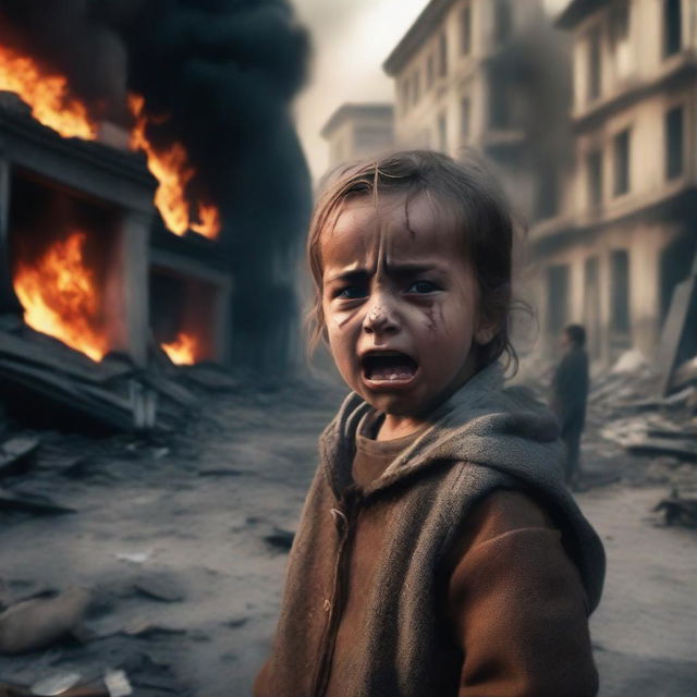 A child crying and injured because their city is destroyed and burning