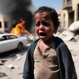 An Arab child crying and injured because their city is destroyed and burning