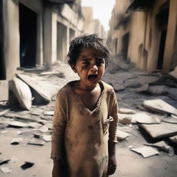 An Arab child crying and injured because their city is destroyed and burning