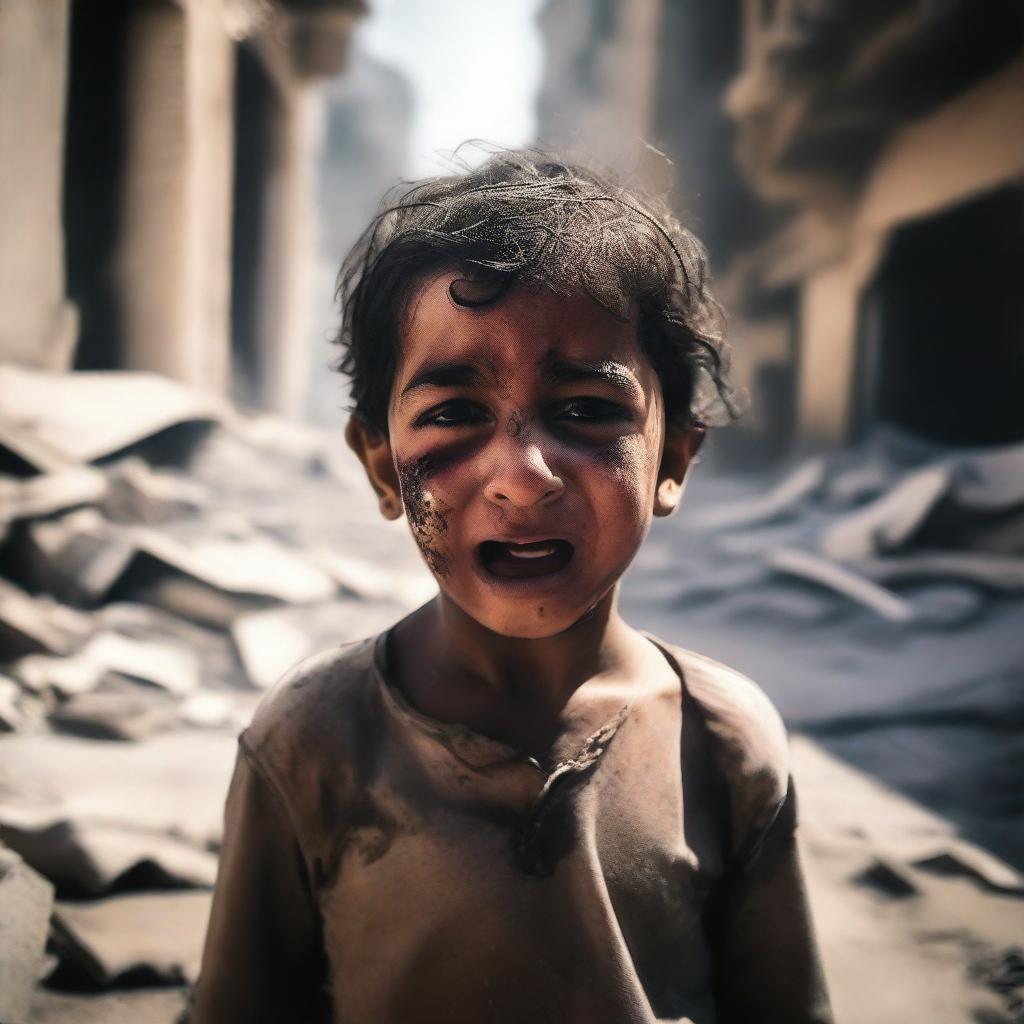 An Arab child crying and injured because their city is destroyed and burning