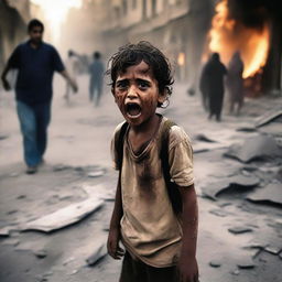 An Arab child crying and injured because their city is destroyed and burning