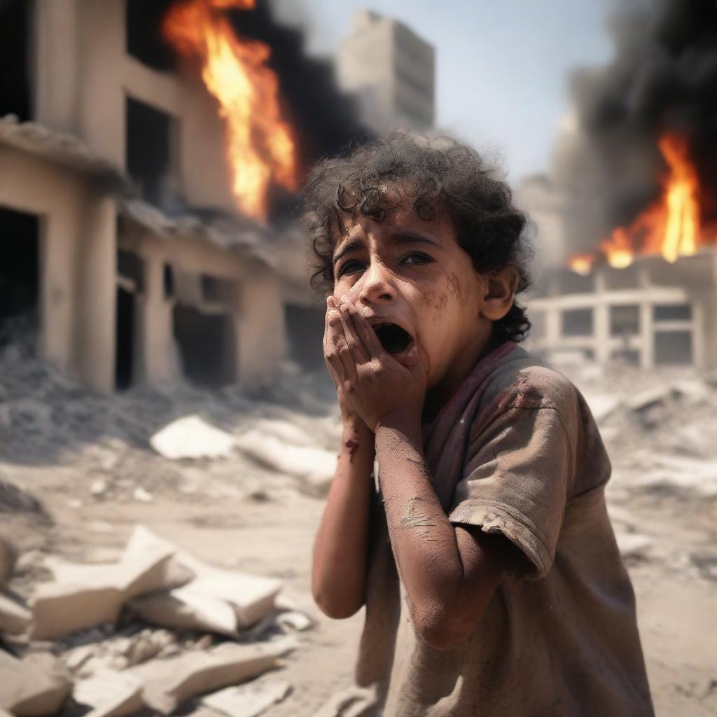 An Arab child crying and injured as they witness their city being destroyed and burning