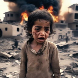 An Arab child crying and injured as they witness their city being destroyed and burning