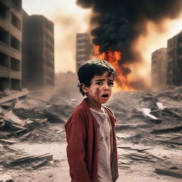 An Arab child crying and injured as they witness their city being destroyed and burning