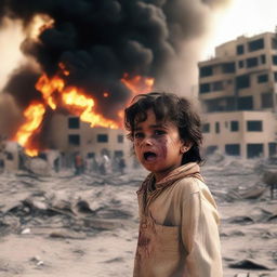 An Arab child crying and injured as they witness their city being destroyed and burning