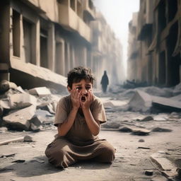 An Arab child who has fallen, crying and injured because their city is destroyed and burning