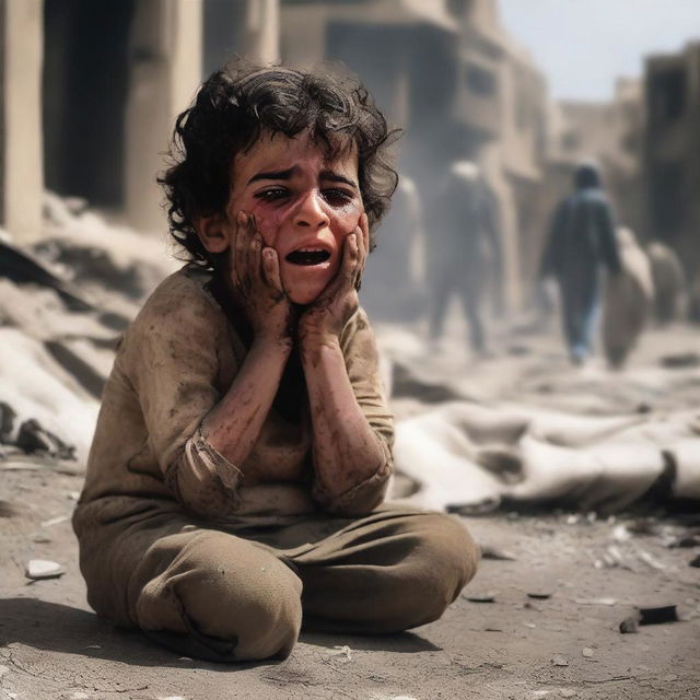 An Arab child who has fallen, crying and injured because their city is destroyed and burning