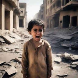 An Arab child who has fallen, crying and injured because their city is destroyed and burning