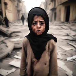 An Arab child who has fallen, crying and injured because their city is destroyed and burning