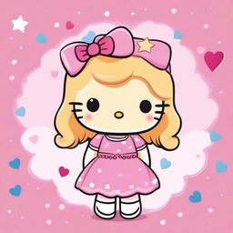 A cute illustration of Hello Kitty with blonde hair, smiling and wearing a pink dress