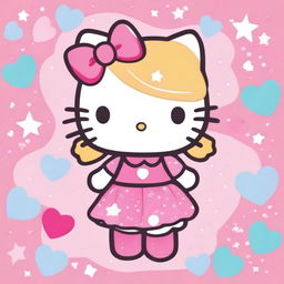 A cute illustration of Hello Kitty with blonde hair, smiling and wearing a pink dress