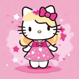 A cute illustration of Hello Kitty with blonde hair, smiling and wearing a pink dress