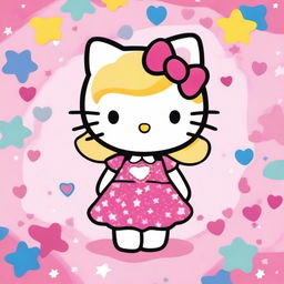 A cute illustration of Hello Kitty with blonde hair, smiling and wearing a pink dress