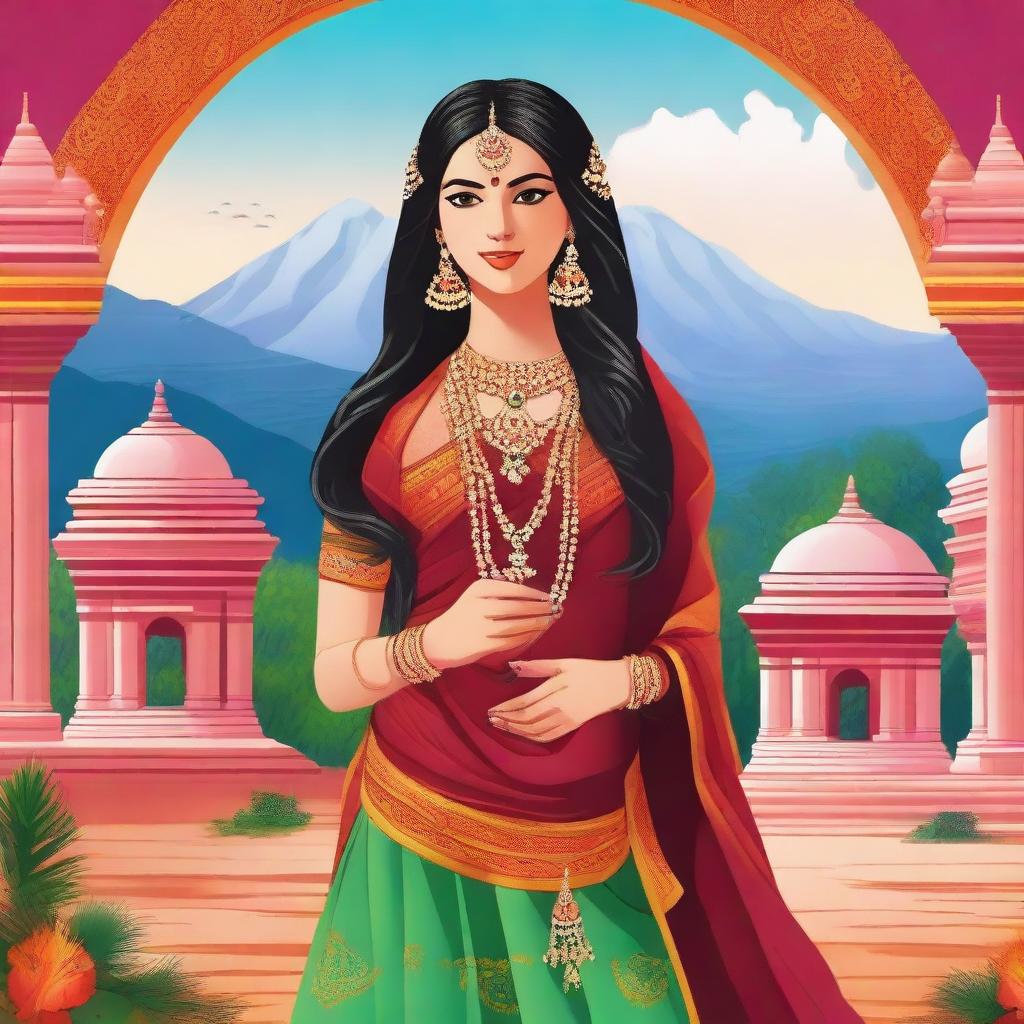 A beautiful Indian girl wearing traditional attire, standing in a picturesque setting with vibrant colors