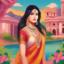 A beautiful Indian girl wearing traditional attire, standing in a picturesque setting with vibrant colors