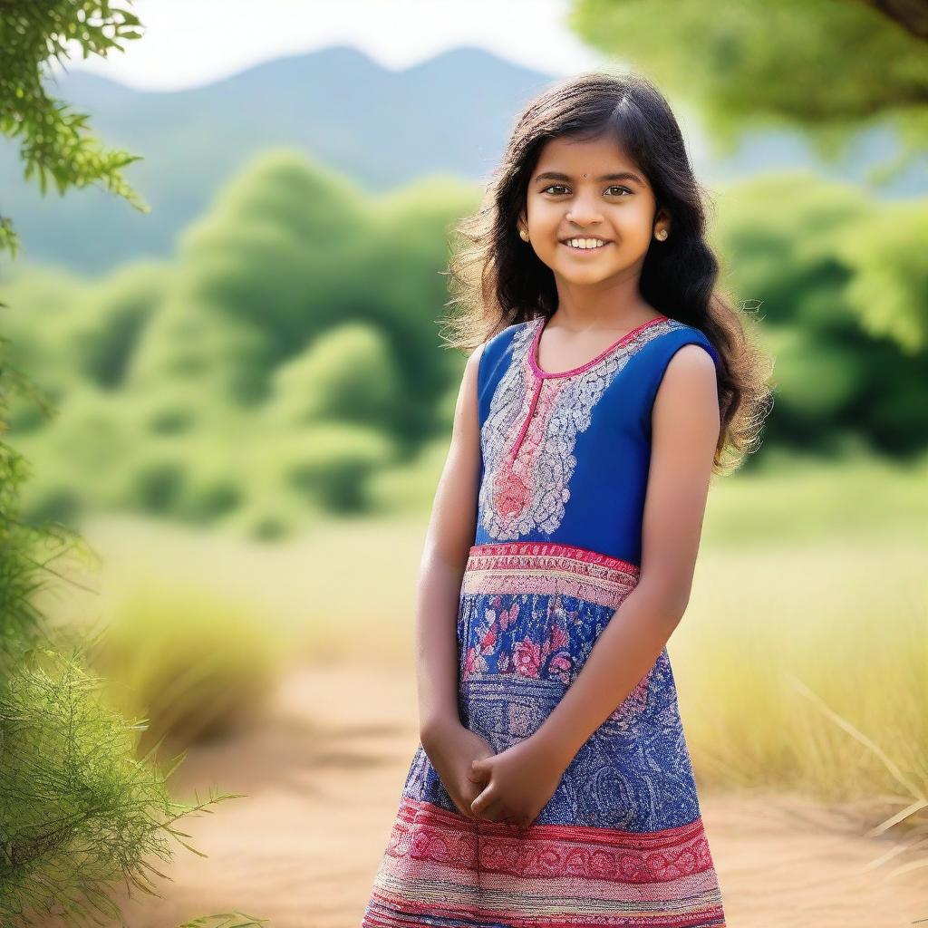 A young Indian girl wearing a sleeveless frock, standing in a serene outdoor setting