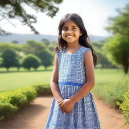 A young Indian girl wearing a sleeveless frock, standing in a serene outdoor setting