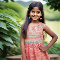 A young Indian girl wearing a sleeveless frock, standing in a serene outdoor setting