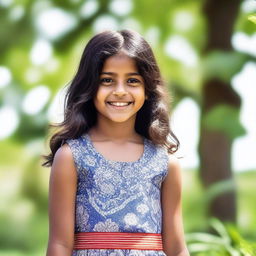 A young Indian girl wearing a sleeveless frock, standing in a serene outdoor setting