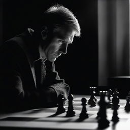 A movie poster featuring a chess player in a dark room