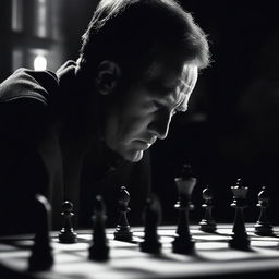 A movie poster featuring a chess player in a dark room