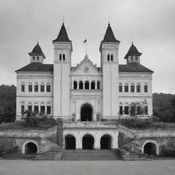 Black and white wide front view of Lawang Sewu