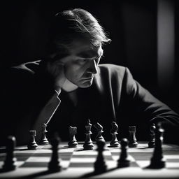 A movie poster featuring a chess player in a dark room