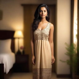 A beautiful Indian lady wearing a sleeveless night frock, standing gracefully