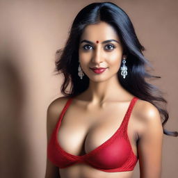 A portrait of an Indian lady wearing a red bra, posed in an elegant and tasteful manner