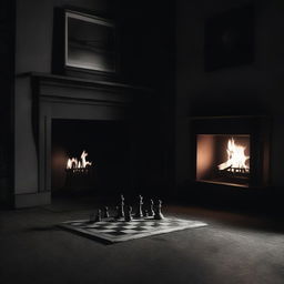 A movie poster featuring a chessboard in front of a fireplace in a dark room