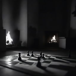 A movie poster featuring a chessboard in front of a fireplace in a dark room