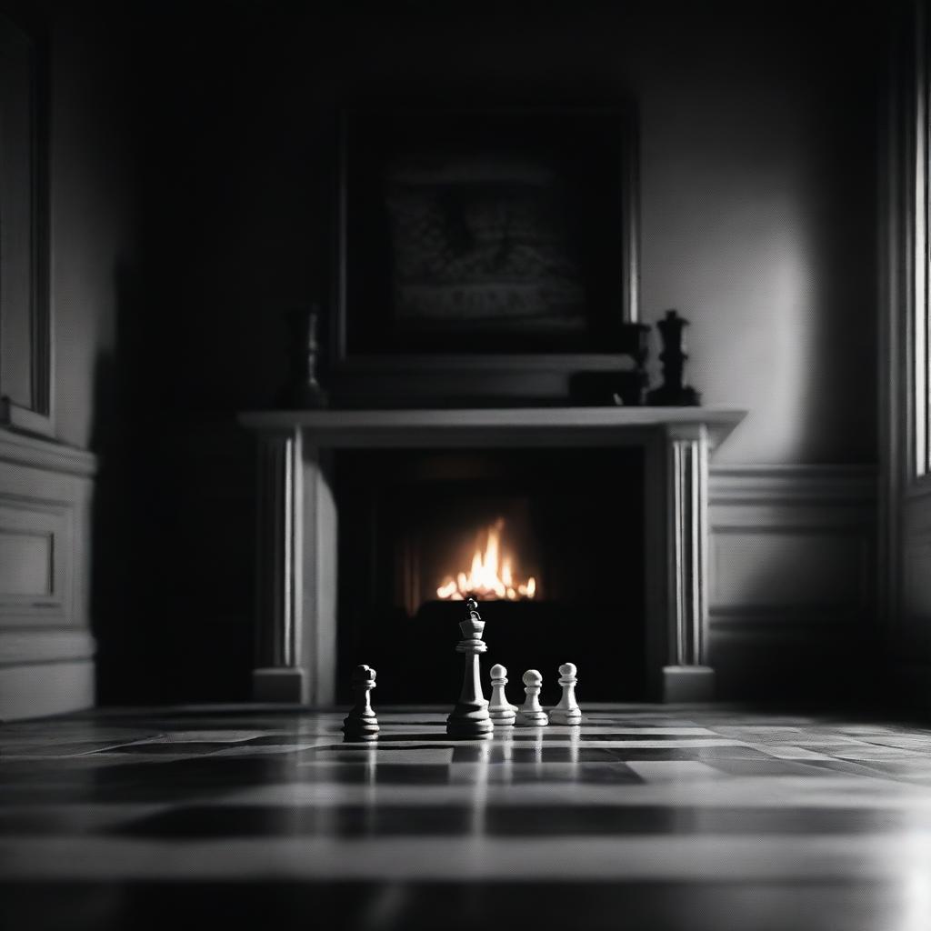 A movie poster featuring a chessboard in front of a fireplace in a dark room