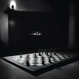 A movie poster featuring a chessboard in front of a fireplace in a dark room