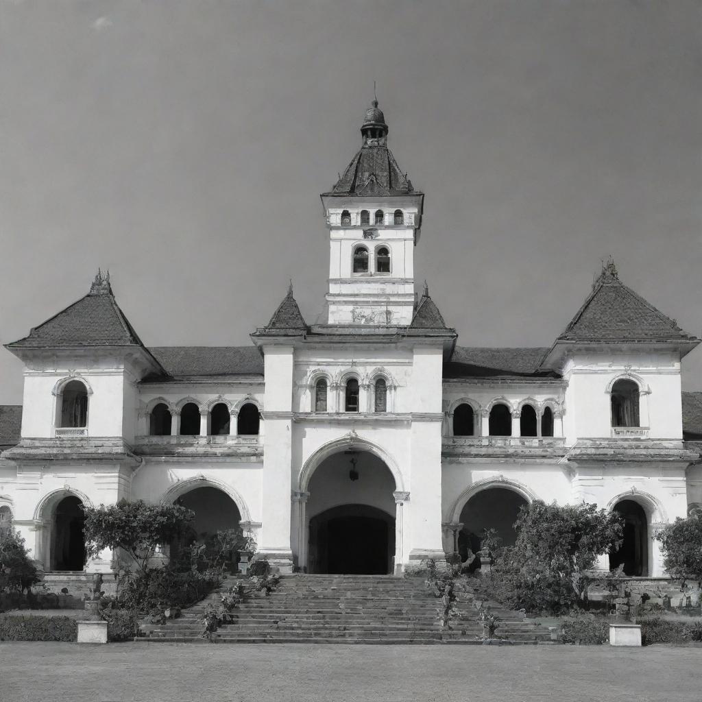 Black and white wide front view of Lawang Sewu