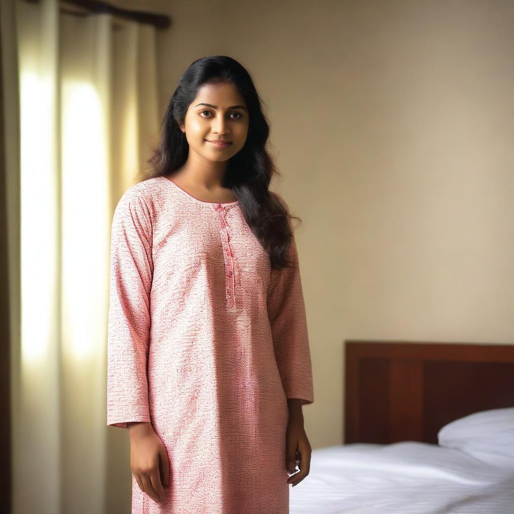 A Kerala lady wearing a comfortable sweat nighty, standing in a cozy bedroom setting