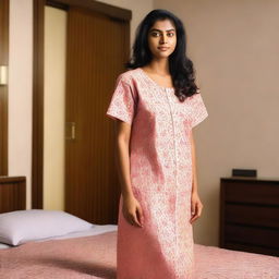 A Kerala lady wearing a comfortable sweat nighty, standing in a cozy bedroom setting