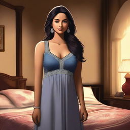 A depiction of a thick Indian lady wearing a sleeveless night frock with a bra visible underneath