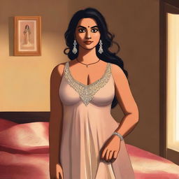 A depiction of a thick Indian lady wearing a sleeveless night frock with a bra visible underneath