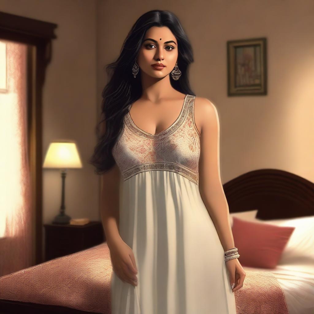 A depiction of a thick Indian lady wearing a sleeveless night frock with a bra visible underneath