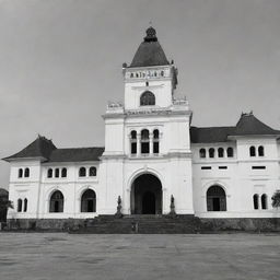 Black and white wide front view of Lawang Sewu