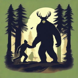 Create a t-shirt design featuring Bigfoot dragging a deer through a dense forest while being surveilled by a DJI M30T drone hovering above