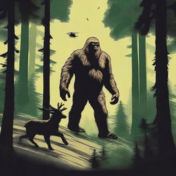 Create a t-shirt design featuring Bigfoot dragging a deer through a dense forest while being surveilled by a DJI M30T drone hovering above