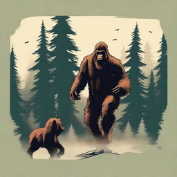 Create a t-shirt design featuring Bigfoot dragging a deer through a dense forest while being surveilled by a DJI M30T drone hovering above