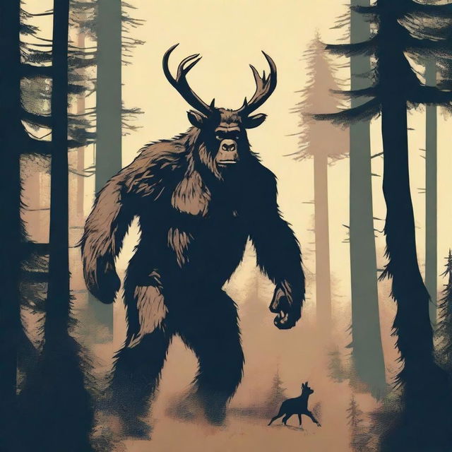 Create a t-shirt design featuring Bigfoot dragging a deer through a dense forest while being surveilled by a DJI M30T drone hovering above